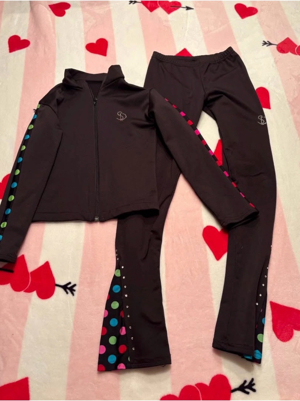 Girls' Black Active Jacket & Leggings Set with Colorful Polka Dots